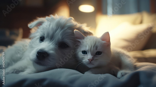 The photo depicts an adorable scene of a puppy and a kitten cuddled together, showcasing the pure innocence and sweetness of their bond. Their tiny bodies rest comfortably against each other, creating