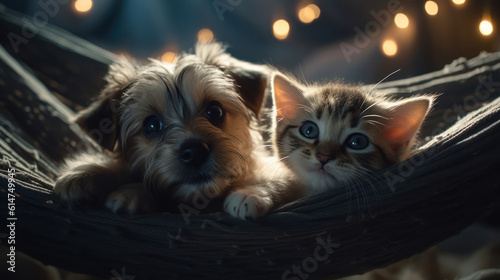 The photo depicts an adorable scene of a puppy and a kitten cuddled together, showcasing the pure innocence and sweetness of their bond. Their tiny bodies rest comfortably against each other, creating