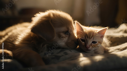 The photo depicts an adorable scene of a puppy and a kitten cuddled together, showcasing the pure innocence and sweetness of their bond. Their tiny bodies rest comfortably against each other, creating