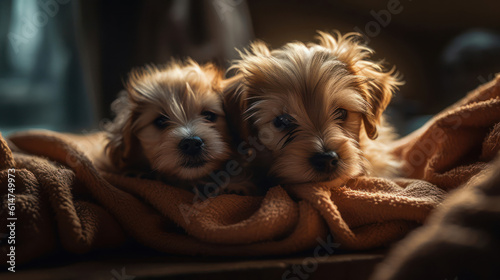 The photo depicts an adorable scene of a puppy and a kitten cuddled together, showcasing the pure innocence and sweetness of their bond. Their tiny bodies rest comfortably against each other, creating