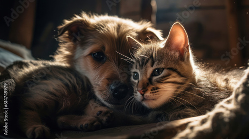The photo depicts an adorable scene of a puppy and a kitten cuddled together, showcasing the pure innocence and sweetness of their bond. Their tiny bodies rest comfortably against each other, creating