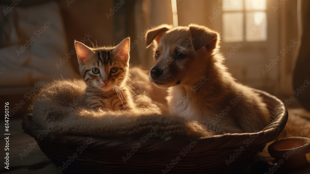 The photo depicts an adorable scene of a puppy and a kitten cuddled together, showcasing the pure innocence and sweetness of their bond. Their tiny bodies rest comfortably against each other, creating The photo depicts an adorable scene of a puppy and a kitten cuddled together, showcasing the pure innocence and sweetness of their bond. Their tiny bodies rest comfortably against each other, creating