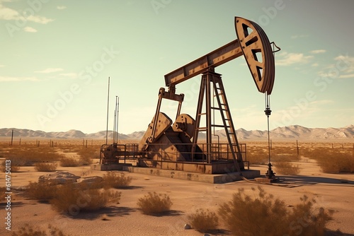Oil rig pump in the desert area. Oil industry. Generative AI.