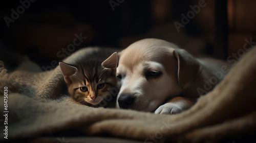 The photo depicts an adorable scene of a puppy and a kitten cuddled together, showcasing the pure innocence and sweetness of their bond. Their tiny bodies rest comfortably against each other, creating
