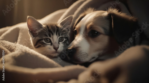 The photo depicts an adorable scene of a puppy and a kitten cuddled together, showcasing the pure innocence and sweetness of their bond. Their tiny bodies rest comfortably against each other, creating