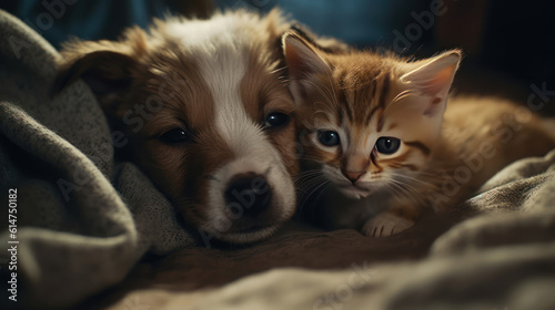 The photo depicts an adorable scene of a puppy and a kitten cuddled together, showcasing the pure innocence and sweetness of their bond. Their tiny bodies rest comfortably against each other, creating