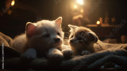 The photo depicts an adorable scene of a puppy and a kitten cuddled together, showcasing the pure innocence and sweetness of their bond. Their tiny bodies rest comfortably against each other, creating