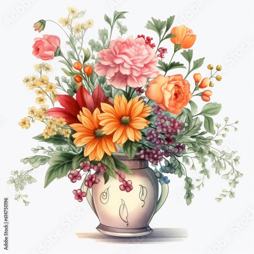 Watercolor floral illustration bouquet, Vase with flowers. Wedding invitations, greetings, wallpapers, fashion, prints. Generative AI © Fancy Imagination