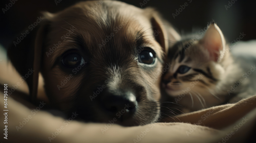 The photo depicts an adorable scene of a puppy and a kitten cuddled together, showcasing the pure innocence and sweetness of their bond. Their tiny bodies rest comfortably against each other, creating The photo depicts an adorable scene of a puppy and a kitten cuddled together, showcasing the pure innocence and sweetness of their bond. Their tiny bodies rest comfortably against each other, creating