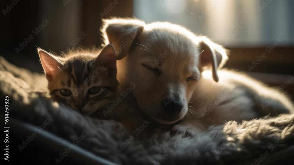 The photo depicts an adorable scene of a puppy and a kitten cuddled together, showcasing the pure innocence and sweetness of their bond. Their tiny bodies rest comfortably against each other, creating The photo depicts an adorable scene of a puppy and a kitten cuddled together, showcasing the pure innocence and sweetness of their bond. Their tiny bodies rest comfortably against each other, creating