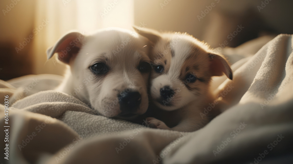 The photo depicts an adorable scene of a puppy and a kitten cuddled together, showcasing the pure innocence and sweetness of their bond. Their tiny bodies rest comfortably against each other, creating The photo depicts an adorable scene of a puppy and a kitten cuddled together, showcasing the pure innocence and sweetness of their bond. Their tiny bodies rest comfortably against each other, creating