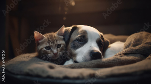 The photo depicts an adorable scene of a puppy and a kitten cuddled together, showcasing the pure innocence and sweetness of their bond. Their tiny bodies rest comfortably against each other, creating