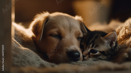 The photo depicts an adorable scene of a puppy and a kitten cuddled together, showcasing the pure innocence and sweetness of their bond. Their tiny bodies rest comfortably against each other, creating © Martin