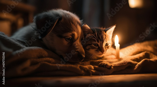 The photo depicts an adorable scene of a puppy and a kitten cuddled together, showcasing the pure innocence and sweetness of their bond. Their tiny bodies rest comfortably against each other, creating