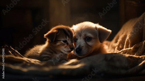 The photo depicts an adorable scene of a puppy and a kitten cuddled together, showcasing the pure innocence and sweetness of their bond. Their tiny bodies rest comfortably against each other, creating