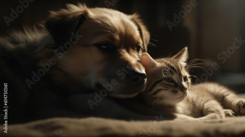 The photo depicts an adorable scene of a puppy and a kitten cuddled together, showcasing the pure innocence and sweetness of their bond. Their tiny bodies rest comfortably against each other, creating