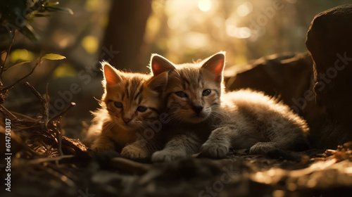 The photo depicts an adorable scene of a puppy and a kitten cuddled together, showcasing the pure innocence and sweetness of their bond. Their tiny bodies rest comfortably against each other, creating
