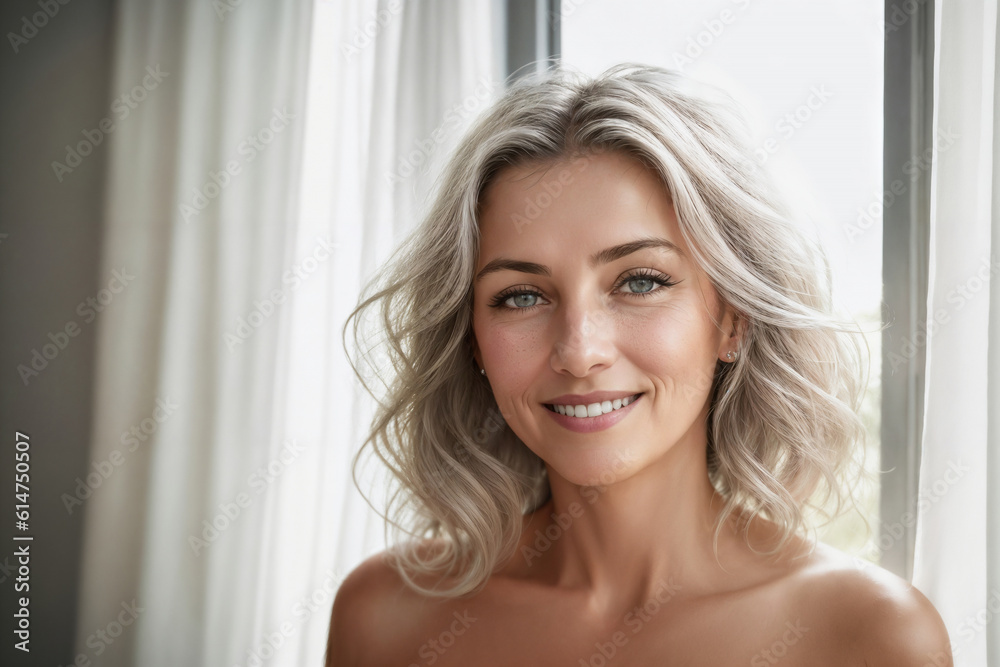 Portrait of a beautiful woman near window in a bedroom, face close-up. Generative AI. Portrait of a beautiful woman near window in a bedroom, face close-up. Generative AI.