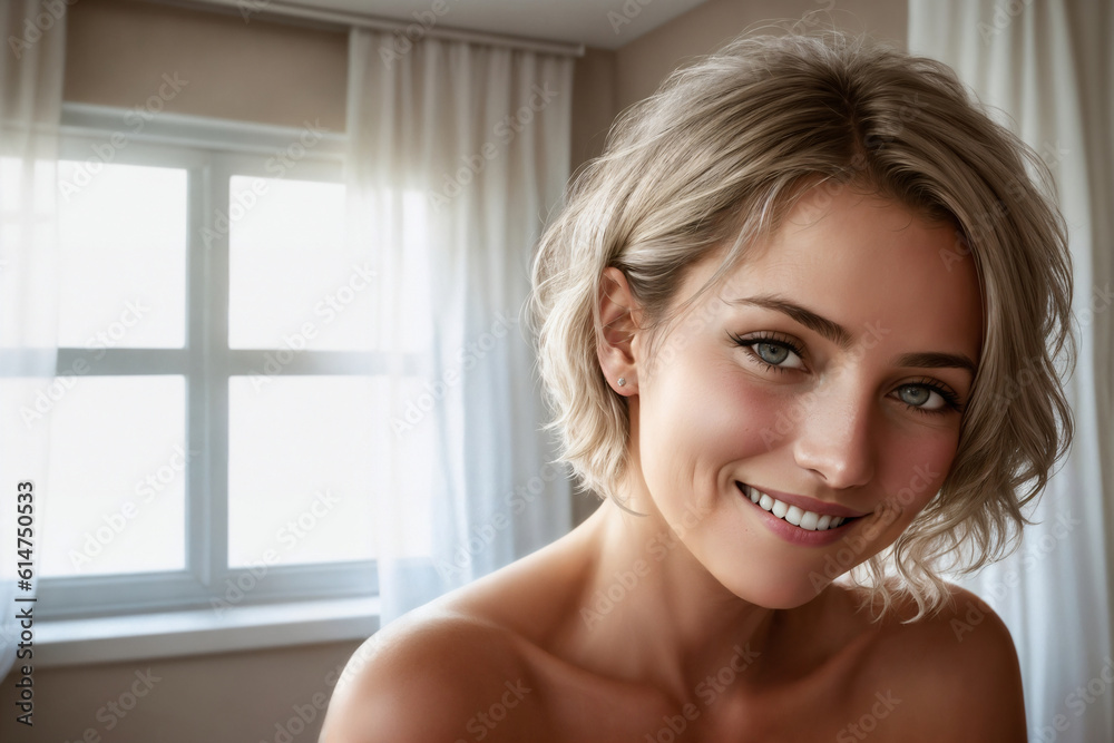 Portrait of a beautiful woman near window in a bedroom, face close-up. Generative AI.