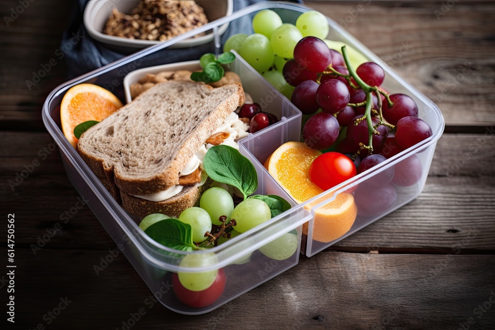 Lunch box with fresh healthy wholesome school food.