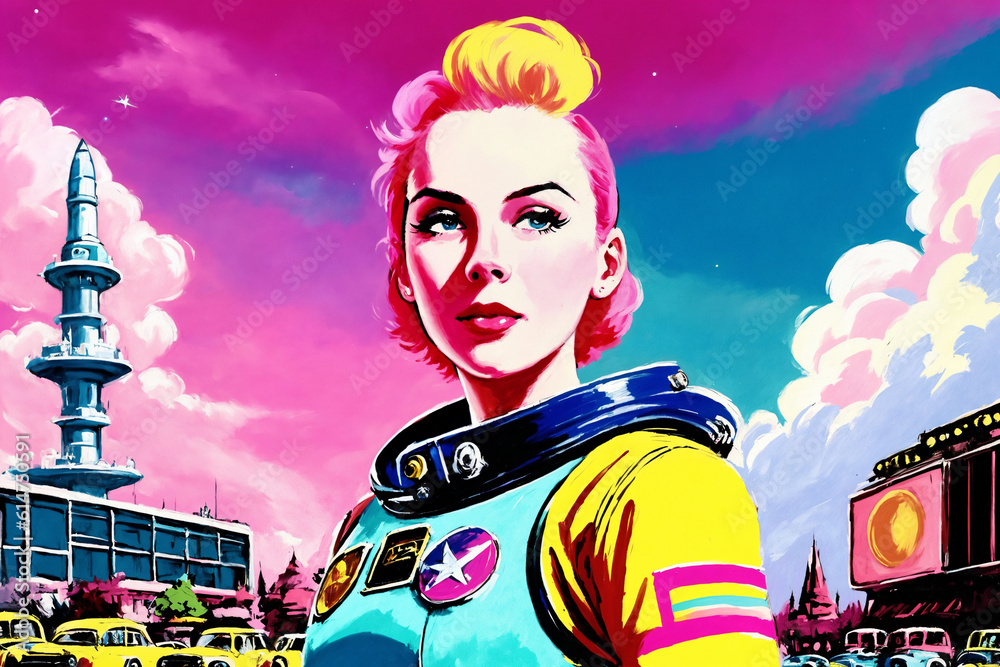 Portrait of a beautiful woman as an astronaut, space theme in the retro futurism style of the 60s. Generative AI.