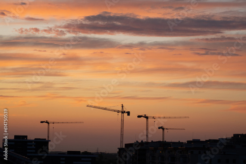 sunset over the city with cranes