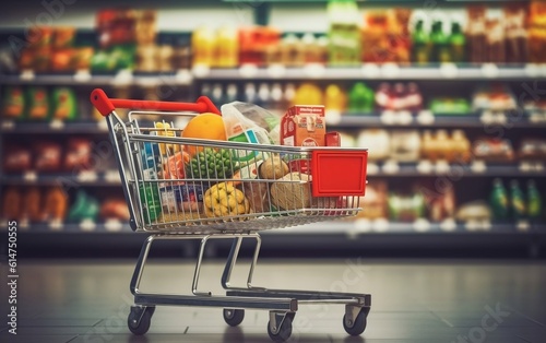 Convenient Grocery Shopping, Supermarket Cart Filled with Essentials, Generative AI