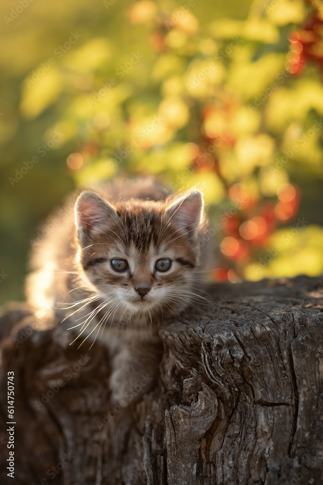 Fototapeta premium Photo of a small kitten near a red currant bush.