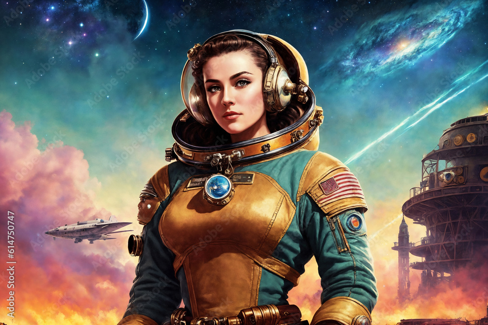 Fototapeta premium Portrait of a beautiful woman as an astronaut, space theme in the retro futurism style of the 60s. Generative AI.