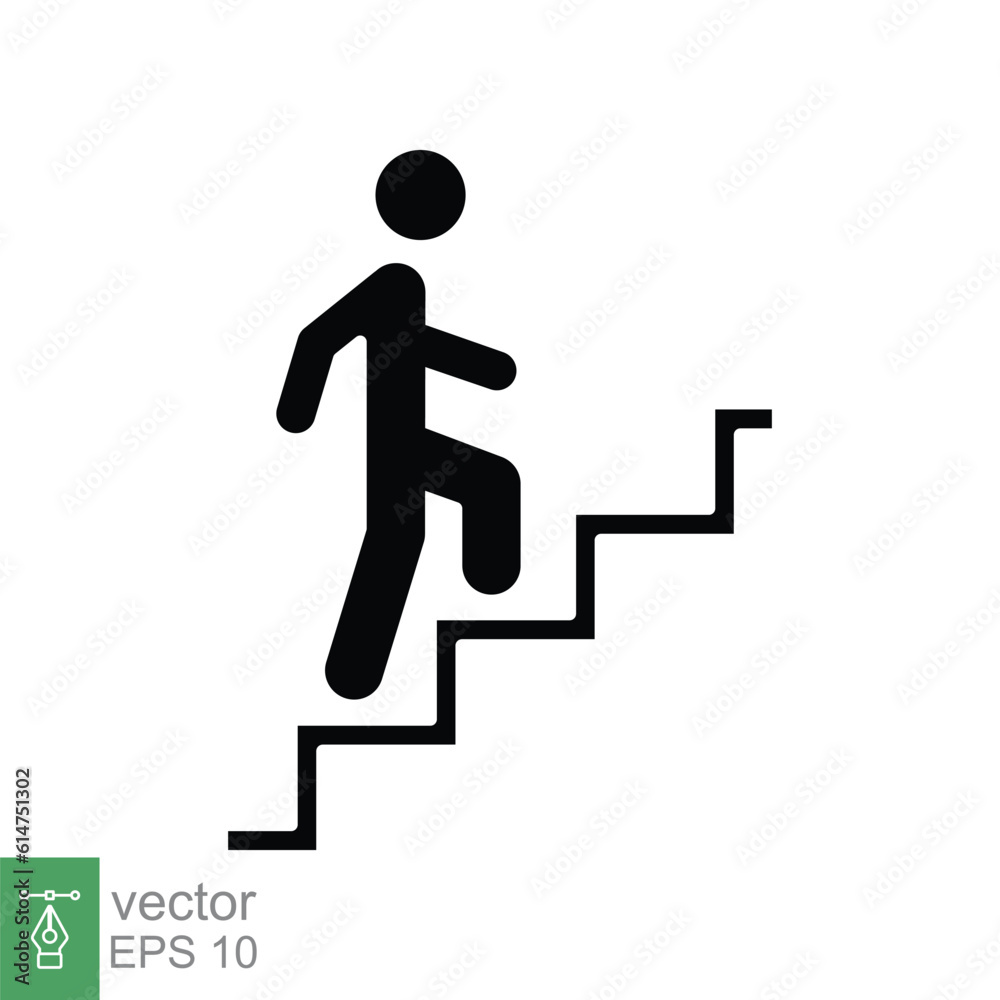 Success stairs up icon. Simple solid style. Man walk, climb stair, success people, person, business concept. Black silhouette, glyph symbol. Vector illustration isolated on white background. EPS 10. Success stairs up icon. Simple solid style. Man walk, climb stair, success people, person, business concept. Black silhouette, glyph symbol. Vector illustration isolated on white background. EPS 10.