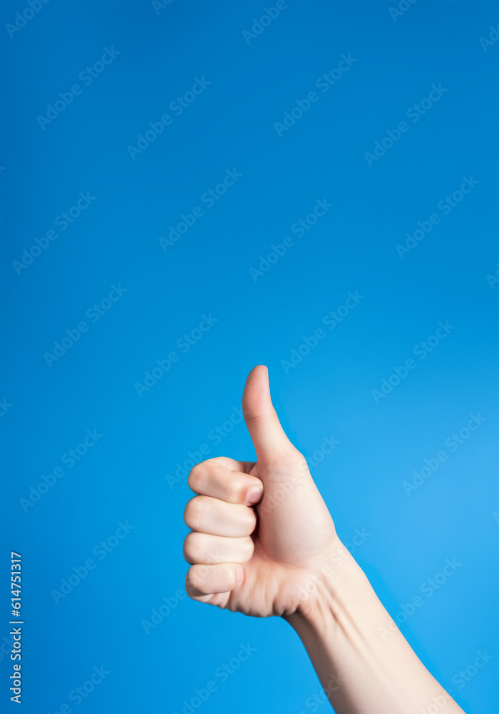Realistic thumb up hand gesture on blue background with copy space. Like. Good feedback, positive reaction. Validation and approval. Empty space for text. Generative AI. Realistic thumb up hand gesture on blue background with copy space. Like. Good feedback, positive reaction. Validation and approval. Empty space for text. Generative AI.