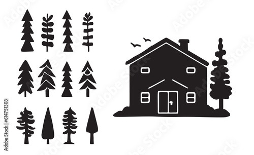 Set of log cabin and alpine fir tree vector illustrations. Masculine outdoor travel in nordic linocut chalet in Scandinavian holiday group