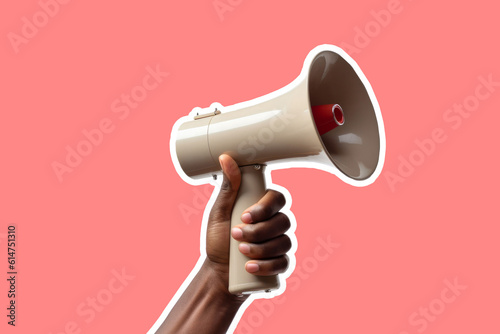 African american persons hand holding an announcement megaphone. Graphic cut out style