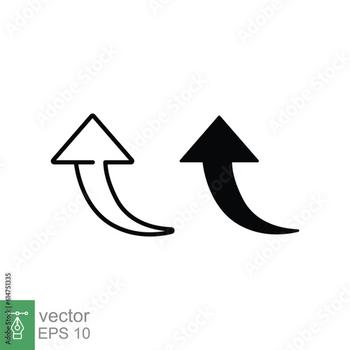 Curve arrow upward icon. Simple outline and solid style. Up arrow, curvy, increase, top point, direction concept. Thin line, glyph symbol. Vector illustration isolated on white background. EPS 10.
