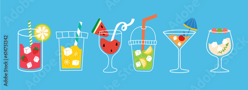 Set of cocktails in different types of glasses. Vector illustration of summer cocktail. hand draw