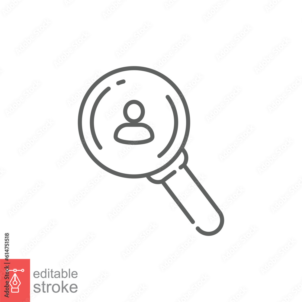 Search job vacancy icon. Simple outline style. Human resource, hire, people, select candidate concept. Thin line symbol. Vector illustration isolated on white background. Editable stroke EPS 10. Search job vacancy icon. Simple outline style. Human resource, hire, people, select candidate concept. Thin line symbol. Vector illustration isolated on white background. Editable stroke EPS 10.