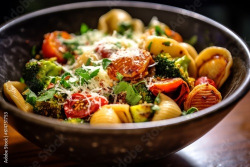 bowl of Orecchiette pasta with roasted vegetables and a sprinkle of parmesan cheese
