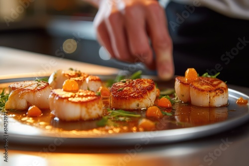 A gourmet chef as he carefully plates a dish of seared scallops with a vibrant citrus sauce. Generative AI