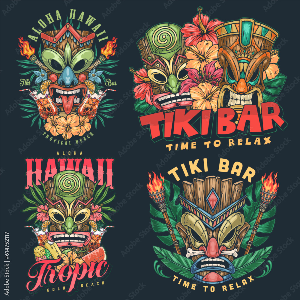 Tiki mascots set posters colorful