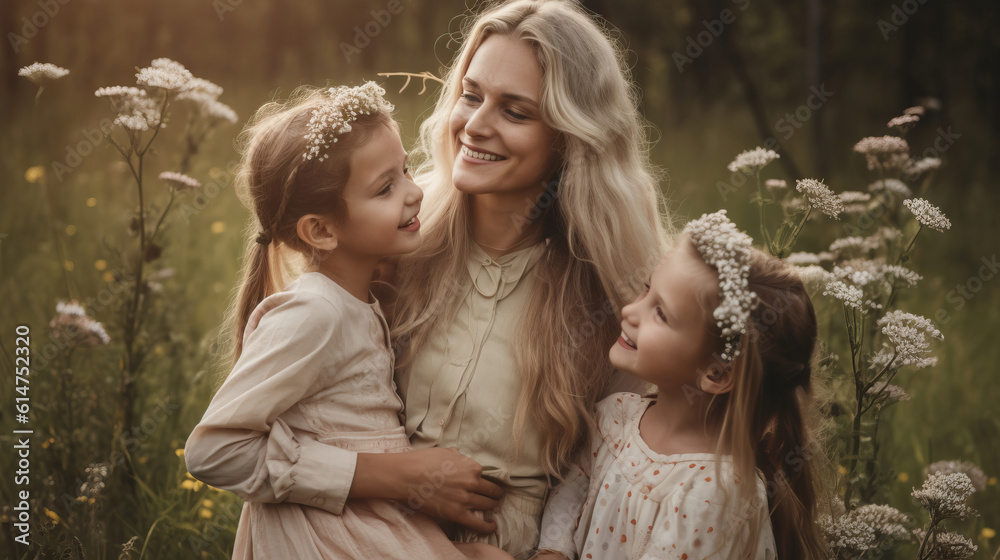 Beautiful young mother with her two daughters in the summer park. Generative AI Beautiful young mother with her two daughters in the summer park. Generative AI