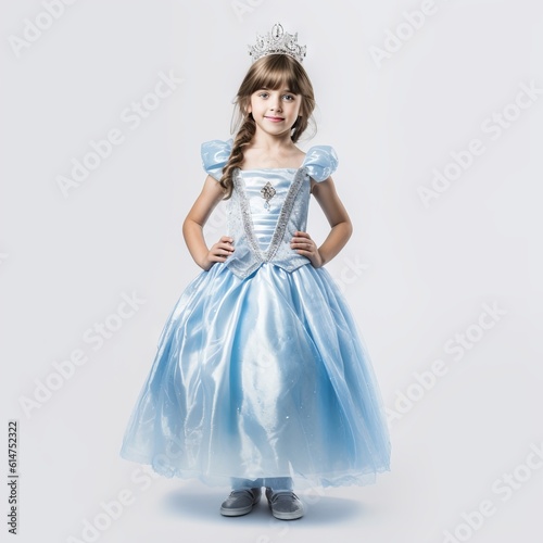 Little princess girl in a blue dress with a crown on her head. Generative AI