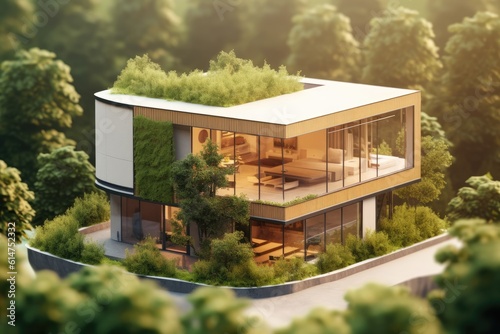 Eco - friendly house with a modern design and a strong emphasis on sustainability. 3D render. Generative AI © Mustafa
