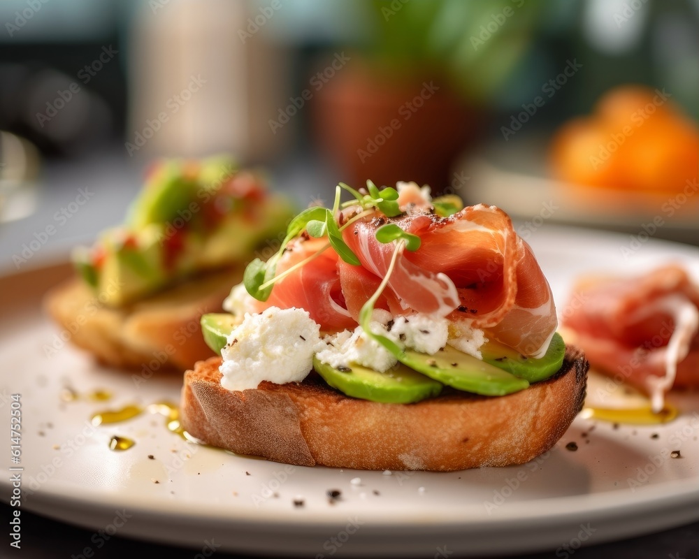 Bruschetta with a variety of toppings including avocado, goat cheese, and prosciutto on a white plate