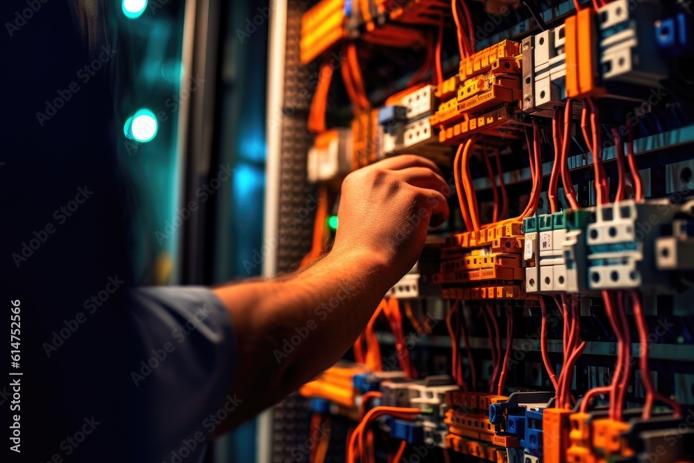 Obraz premium An engineer repairs a control panel with complex electrical wiring. Generative AI