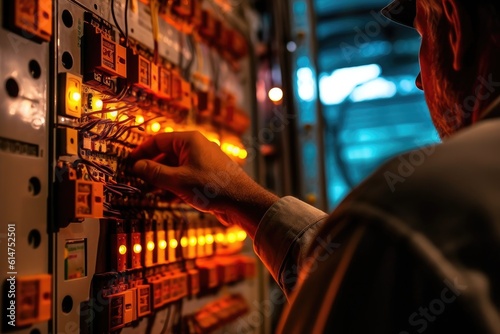 An engineer repairs a control panel with complex electrical wiring. Generative AI