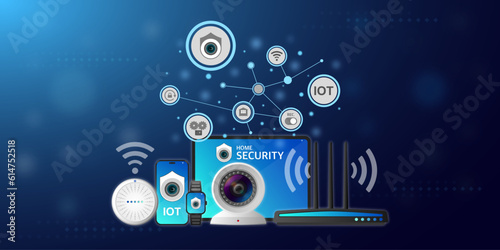 Surveillance system, Infographic of CCTV anti crime and theft, Smart home technology connected to smart devices, Personal security monitoring system and Internet protocol camera inside the buildings.