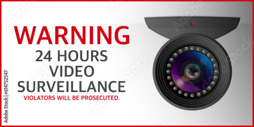 Warning 24 hours video surveillance signs or sticker, CCTV anti crime and theft, Devices technology, Mock-up front view, Personal security monitoring, Internet protocol camera inside the buildings.