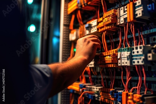 An engineer repairs a control panel with complex electrical wiring. Generative AI
