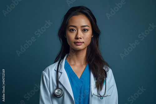 Portrait of young Asian woman doctor with stethoscope on blue background  Generative AI