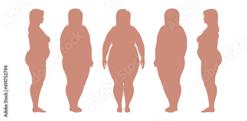 Plus-size woman silhouette. Five angles figure front, 3 of 4, side views shape. Set of Big chubby body Positive woman fat curvy figures. Female Standing In Lingery. Vector line sketch Illustration